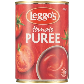 Leggo's Original Tomato Puree 410g can with smooth rich tomato flavor, ideal for pasta sauces, pizzas, soups, and cooking.
