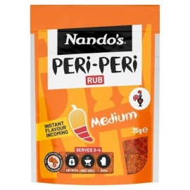 Nando's Peri-Peri Rub Medium 25g seasoning spice blend packet for adding medium spicy peri-peri flavour to grilled chicken and other dishes.