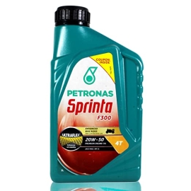 Petronas Sprinta F300 20W-50 engine oil, 1 piece. It is a high-quality 4-stroke motorcycle engine oil for engines, clutches, and gearboxes.