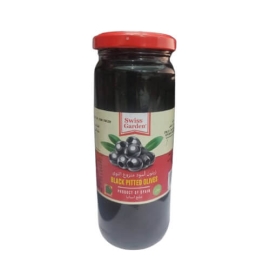 Swiss Garden Black Pitted Olives 330ml jar with premium seedless black olives, perfect for salads, pizzas, appetizers, and Mediterranean dishes.