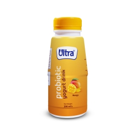 Ultra Yogurt Drink Mango Probiotic 200ml bottle of mango-flavored probiotic yogurt drink, refreshing and perfect for enjoying chilled.
